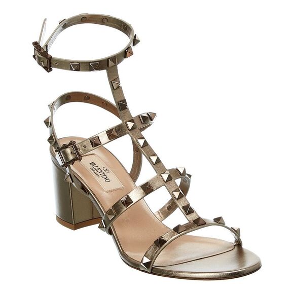 Valentino Rockstud Caged 60 Leather Ankle Strap Sandal, Gold